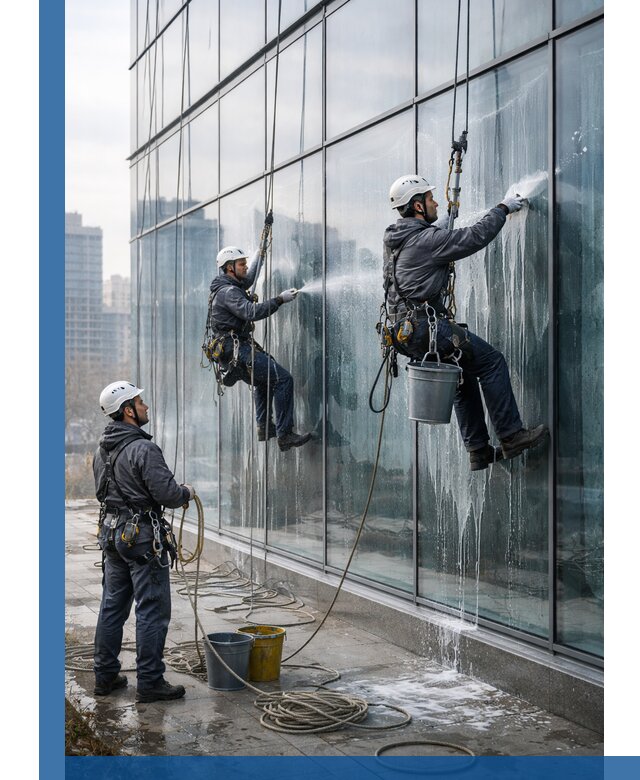 Промышленная мойка панорамных окон на высоте в Мегионе