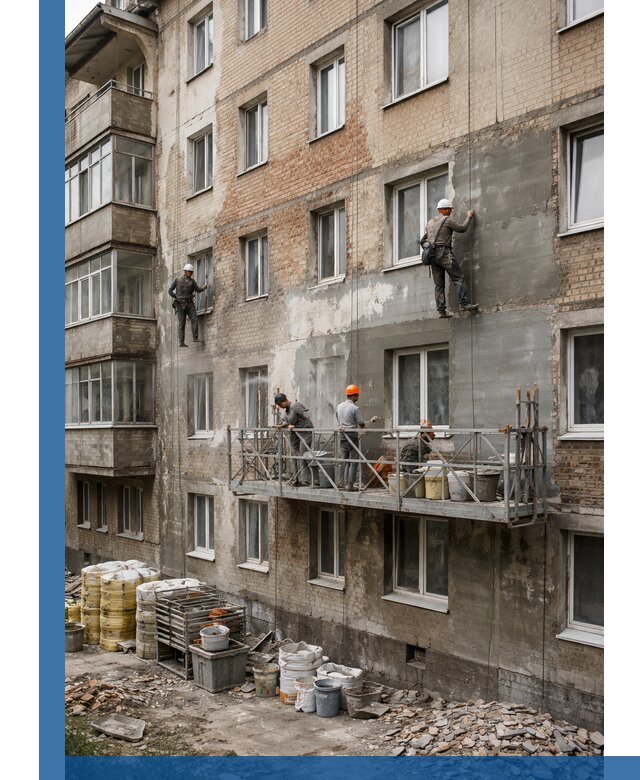 Капитальный ремонт фасада в Мегионе с восстановлением и гидроизоляцией