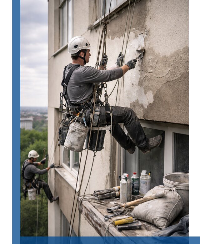 Косметический ремонт фасада зданий в Мегионе промышленными альпинистами