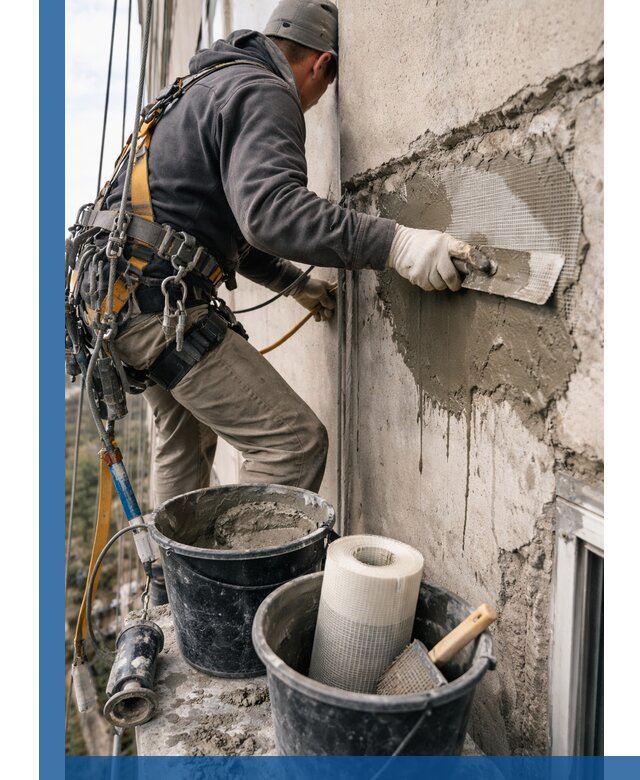 Ремонт бетонных элементов фасада промышленными альпинистами в Мегионе