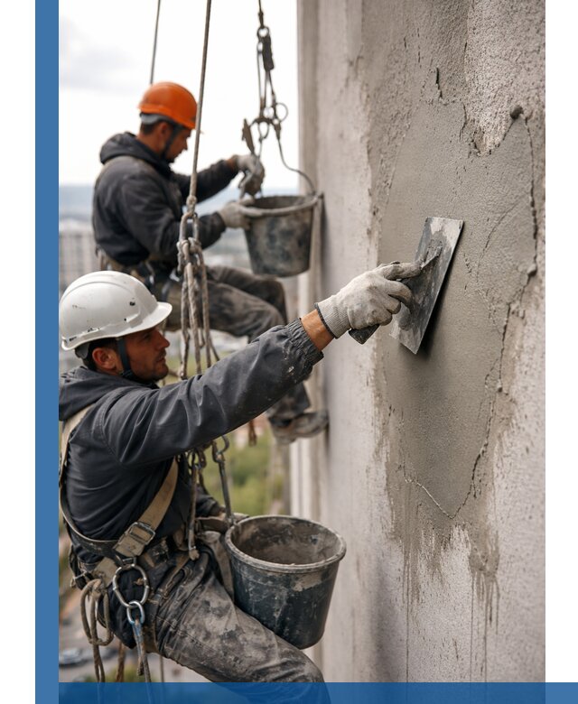 Штукатурка фасада на высоте в Мегионе профессиональные работы