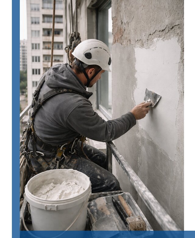 Шпаклевка фасадов на высоте с промальпинистами в Мегионе