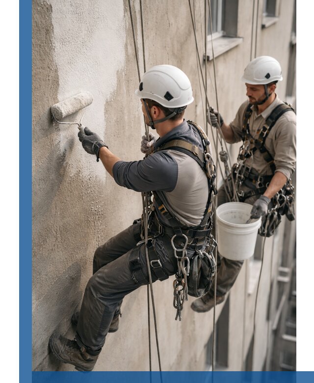 Грунтовка фасада на высоте в Мегионе промышленными альпинистами