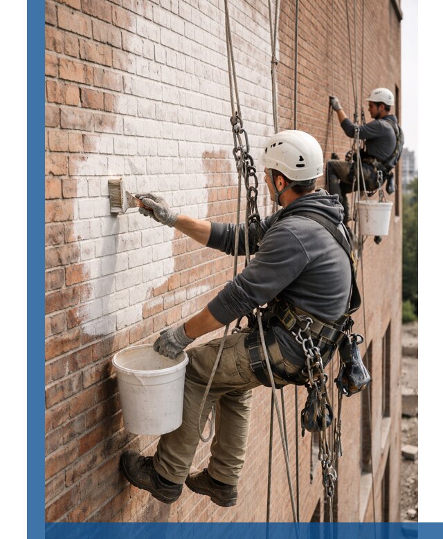Покраска кирпичного фасада с доступным альпинистским сервисом в Мегионе