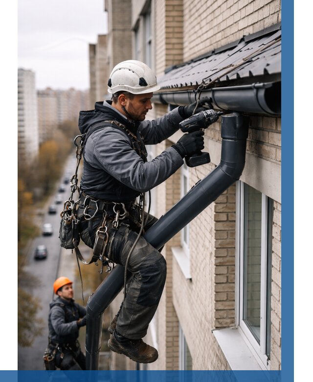 Монтаж водосточной системы на здании в Мегионе от 5213 р. | ВЫСОТНИК-Мго