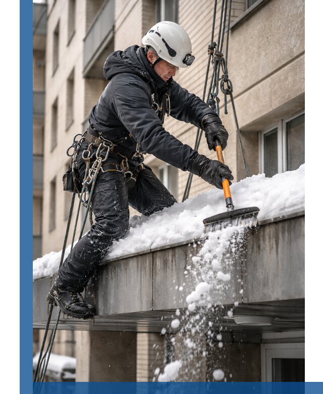 Очистка козырьков от снега в Мегионе круглогодично безопасно