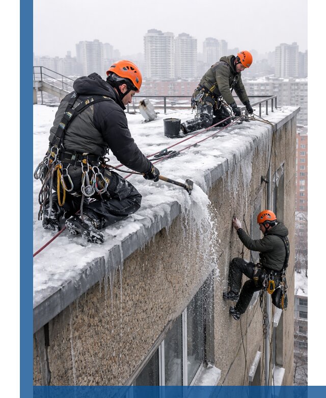 Удаление наледи с кровли в Мегионе промышленными альпинистами