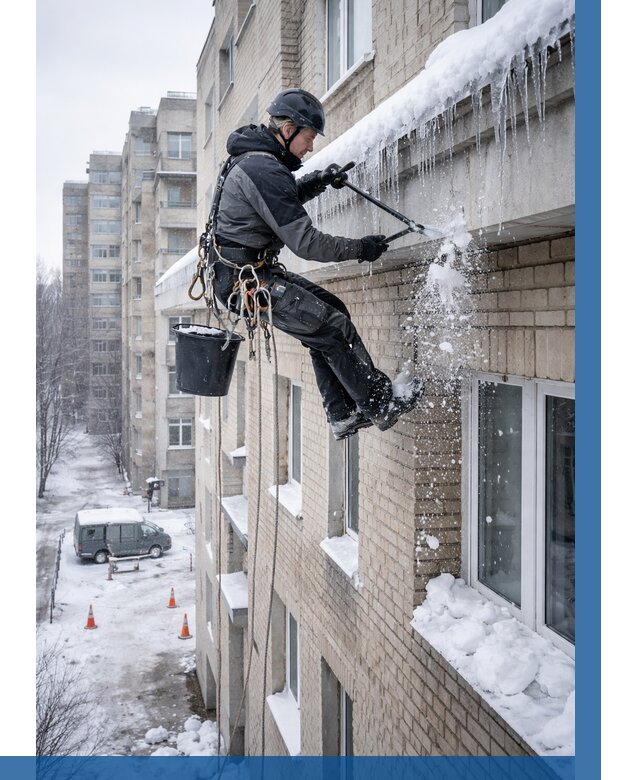 Удаление наледи с карнизов в Мегионе от 365 р. | ВЫСОТНИК-Мго