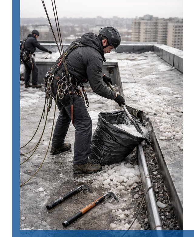 Аварийная очистка кровли в Мегионе от промальпинистов