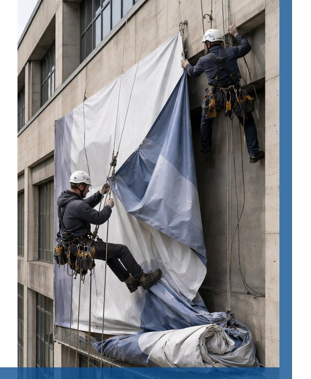 Демонтаж баннеров с фасада в Мегионе от 4691 р. | ВЫСОТНИК-Мго