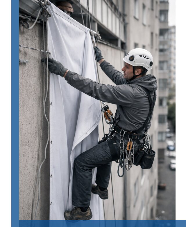 Замена баннерного полотна промышленными альпинистами в Мегионе