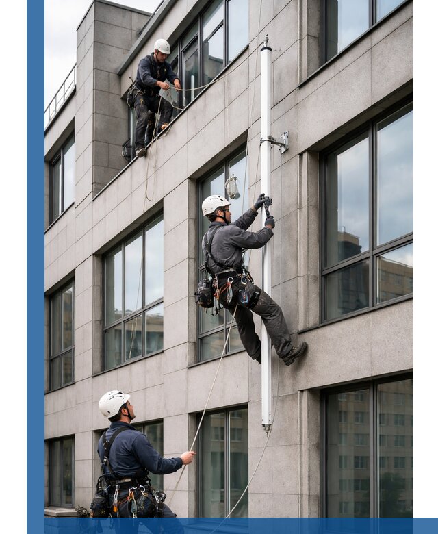 Монтаж флагштока на фасаде здания с креплением и герметикой в Мегионе