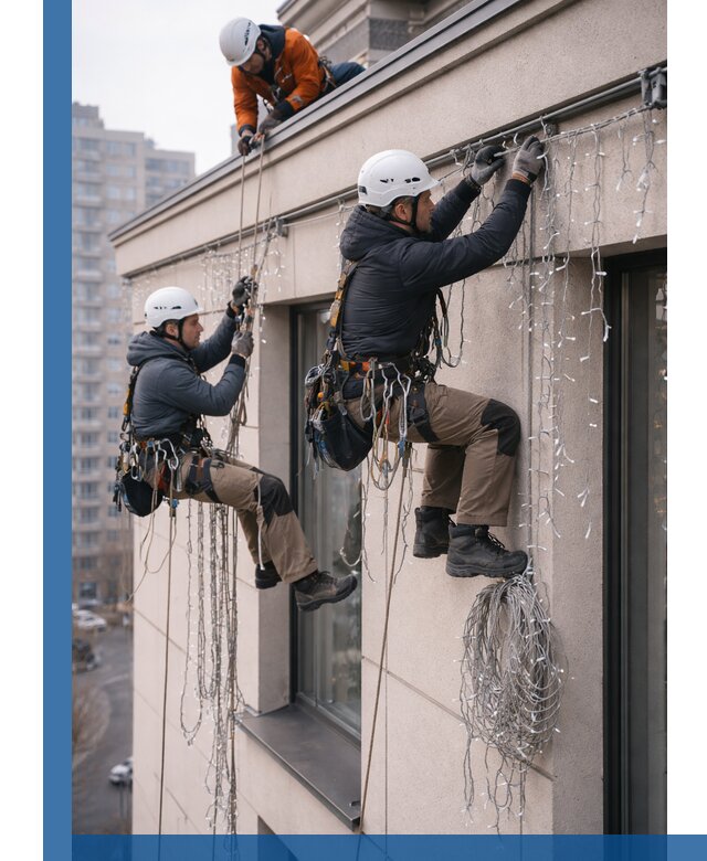 Монтаж праздничных гирлянд на фасаде в Мегионе для зданий