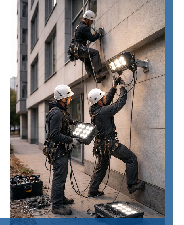 Монтаж прожекторов на фасаде в Мегионе от 7819 р. | ВЫСОТНИК-Мго