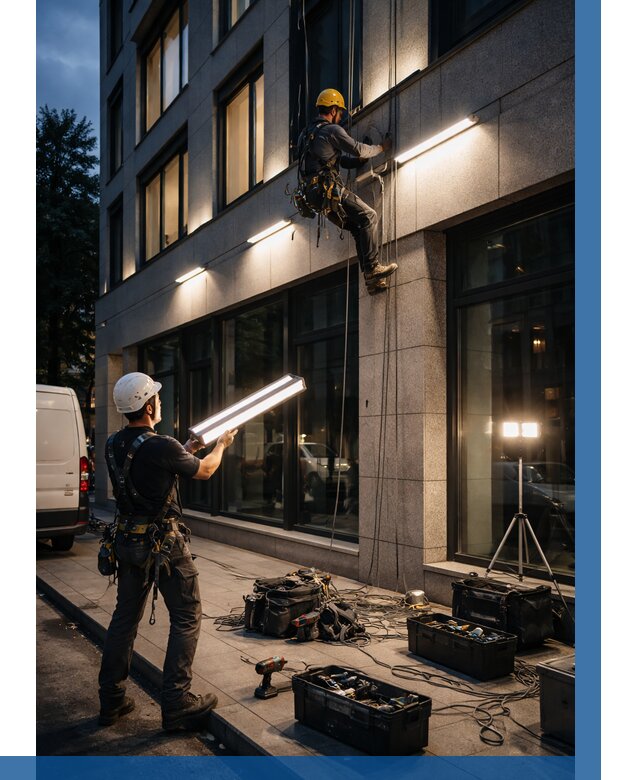 Монтаж архитектурной подсветки здания в Мегионе от 2606 р.|ВЫСОТНИК-Мго