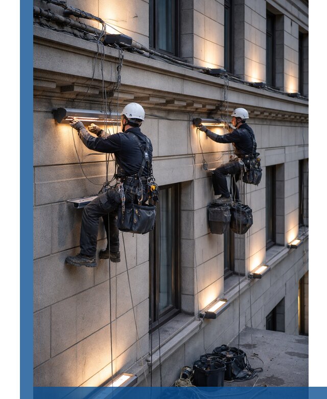 Монтаж архитектурной подсветки фасадов зданий в Мегионе