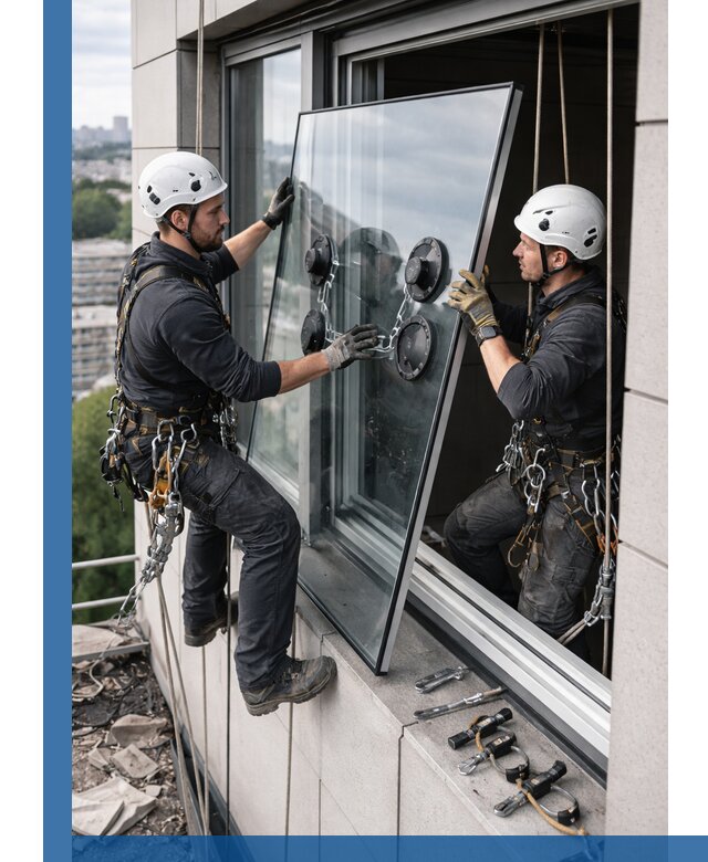Замена стеклопакетов на высоте с промышленными альпинистами в Мегионе
