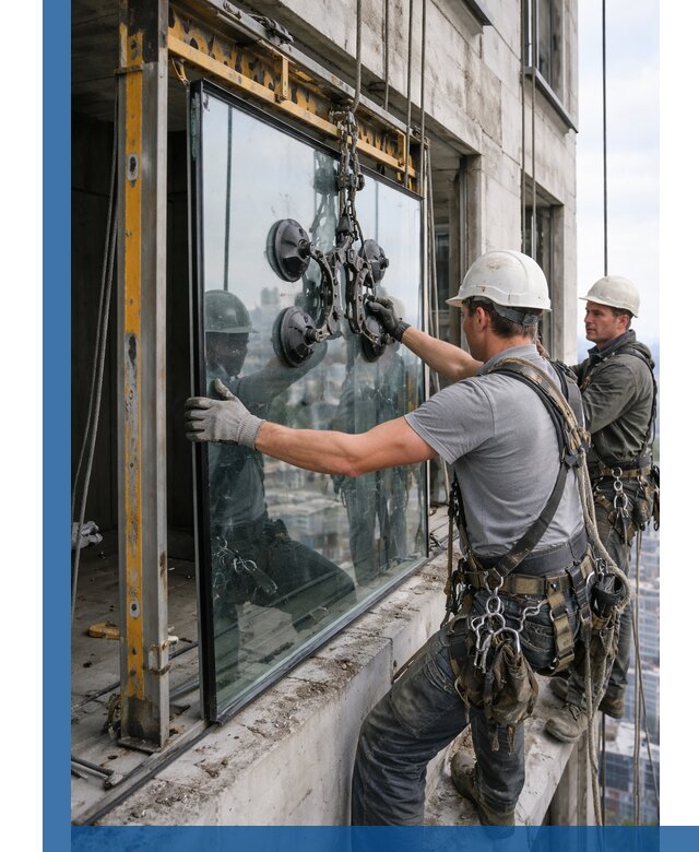 Монтаж стеклопакетов на высоте в Мегионе с промышленным альпинизмом