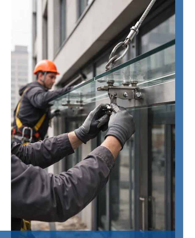 Монтаж стеклянных козырьков в Мегионе от 8861 р. | ВЫСОТНИК-Мго