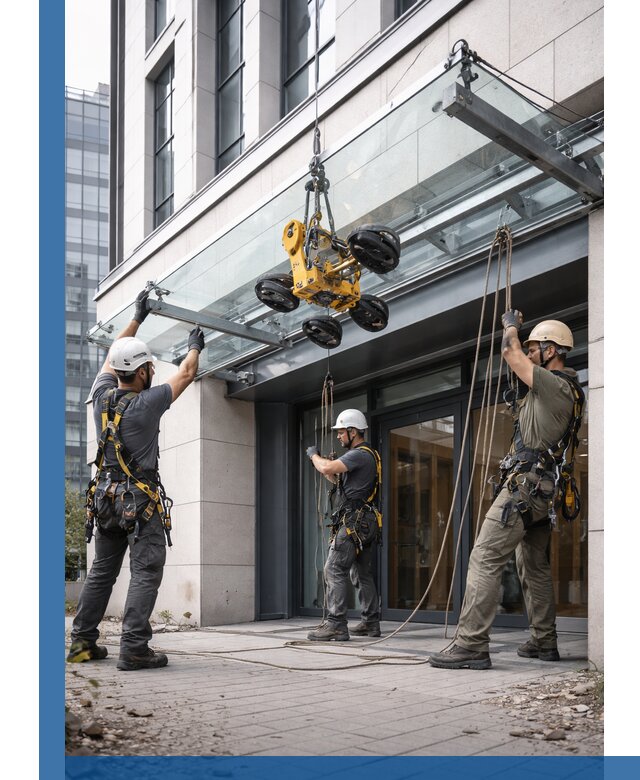 Монтаж стеклянных козырьков под ключ в Мегионе для зданий