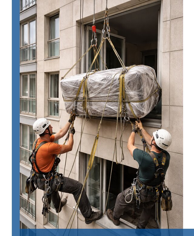 Подъем грузов через окно в Мегионе промышленными альпинистами