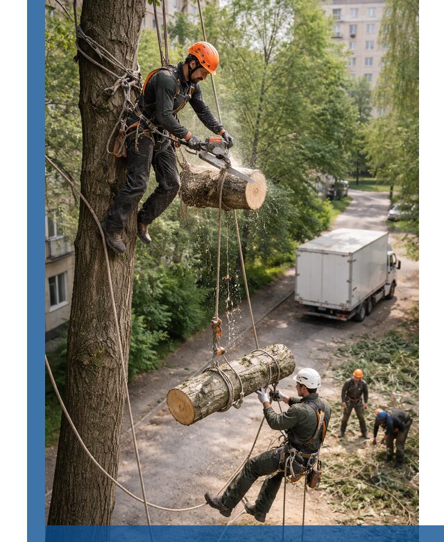 Спил деревьев альпинистами в Мегионе, безопасно и без повреждений