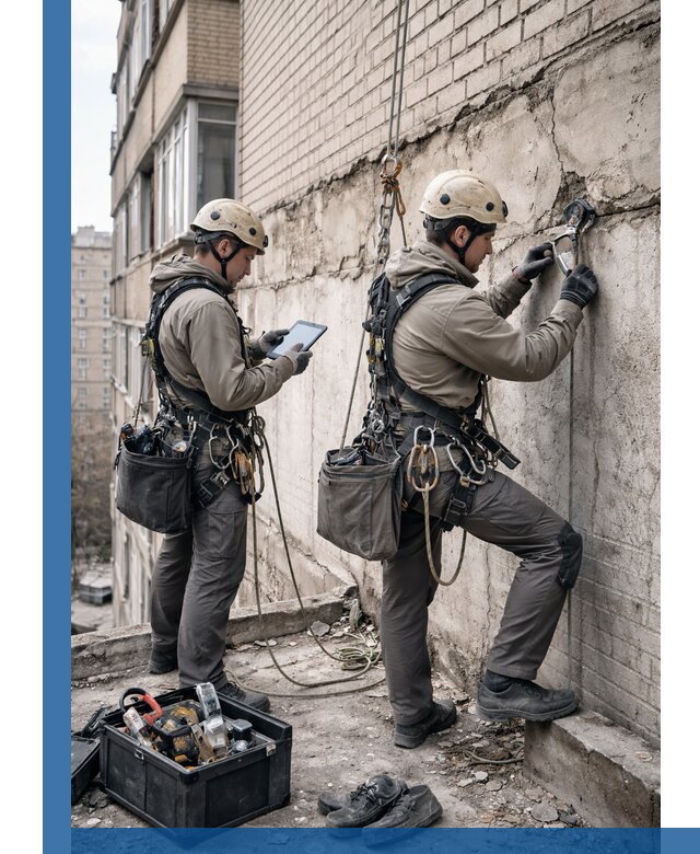 Обследование фасада промышленными альпинистами в Мегионе