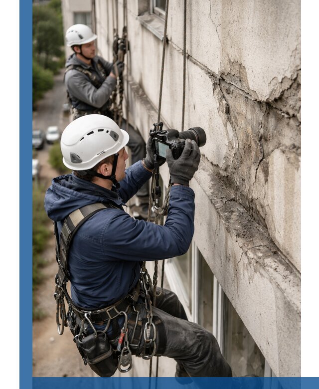 Фотофиксация дефектов фасада с высотной съемкой в Мегионе
